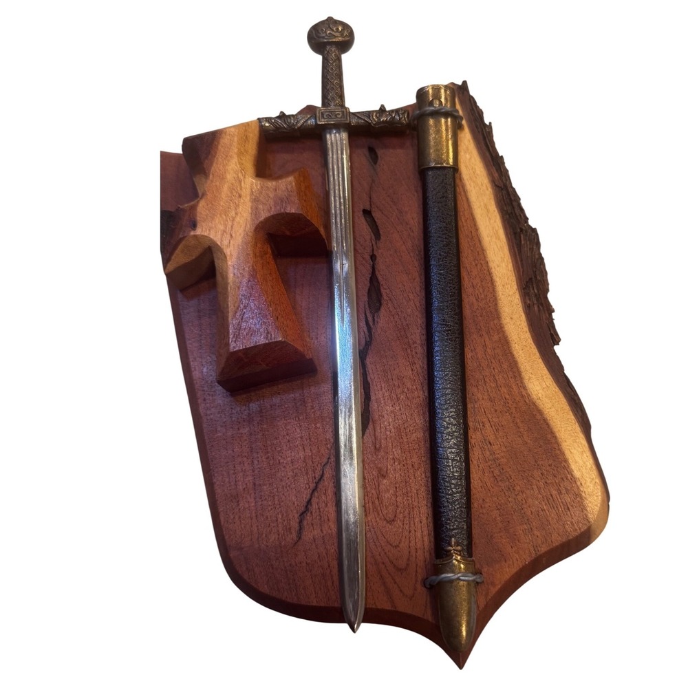 Handmade Live Edge Wood Shield Carved Cross & Replica Sword Letter Opener Gothic - Picture 3 of 10